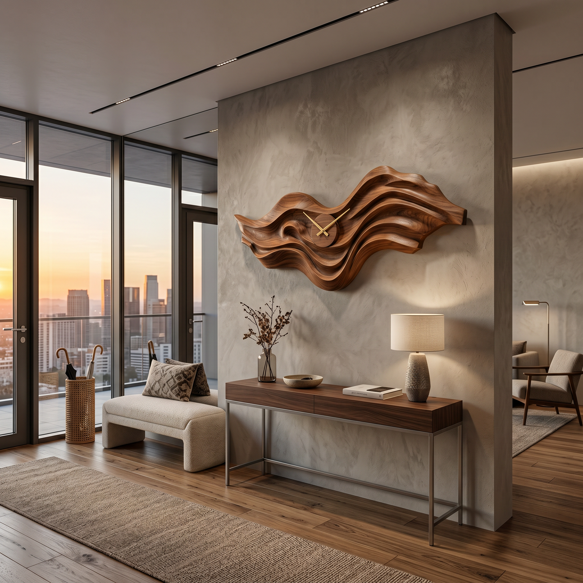 Organic Wood Wall Clock With Wave Sculpture For Living Interior RTTHTTWAC018