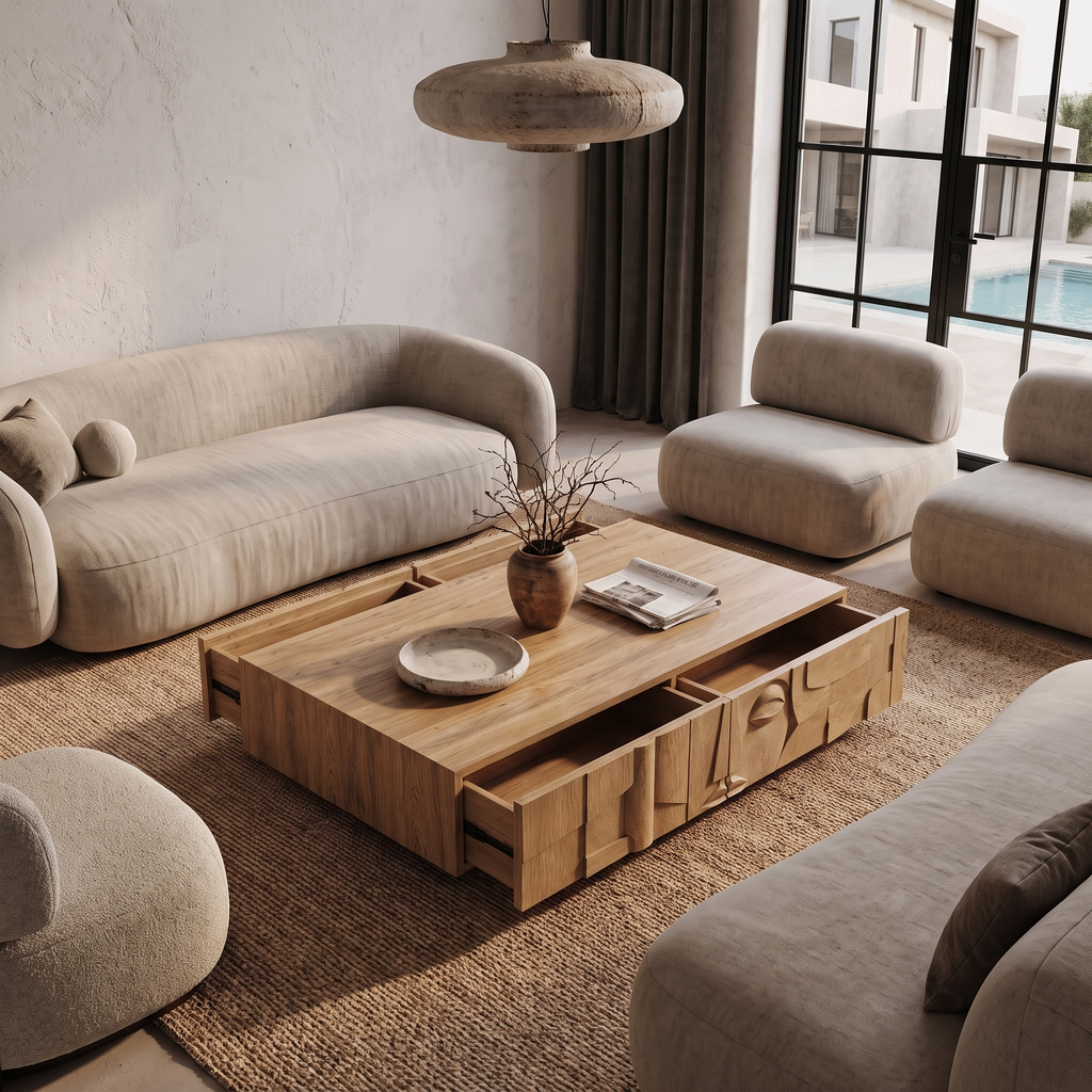 Modern Statement Coffee Table With Textured Relief Drawers For Living Room SINLHACF425