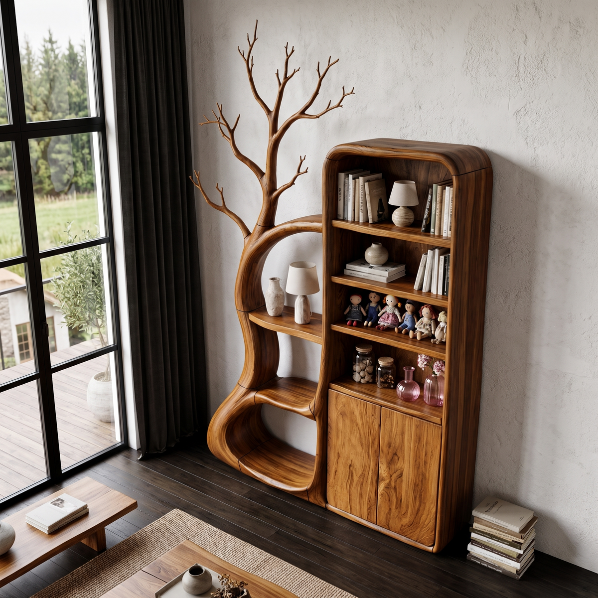 Rustic Tree Cabinet With Branch Inspired Shelving For Reading Room SINLHASD541