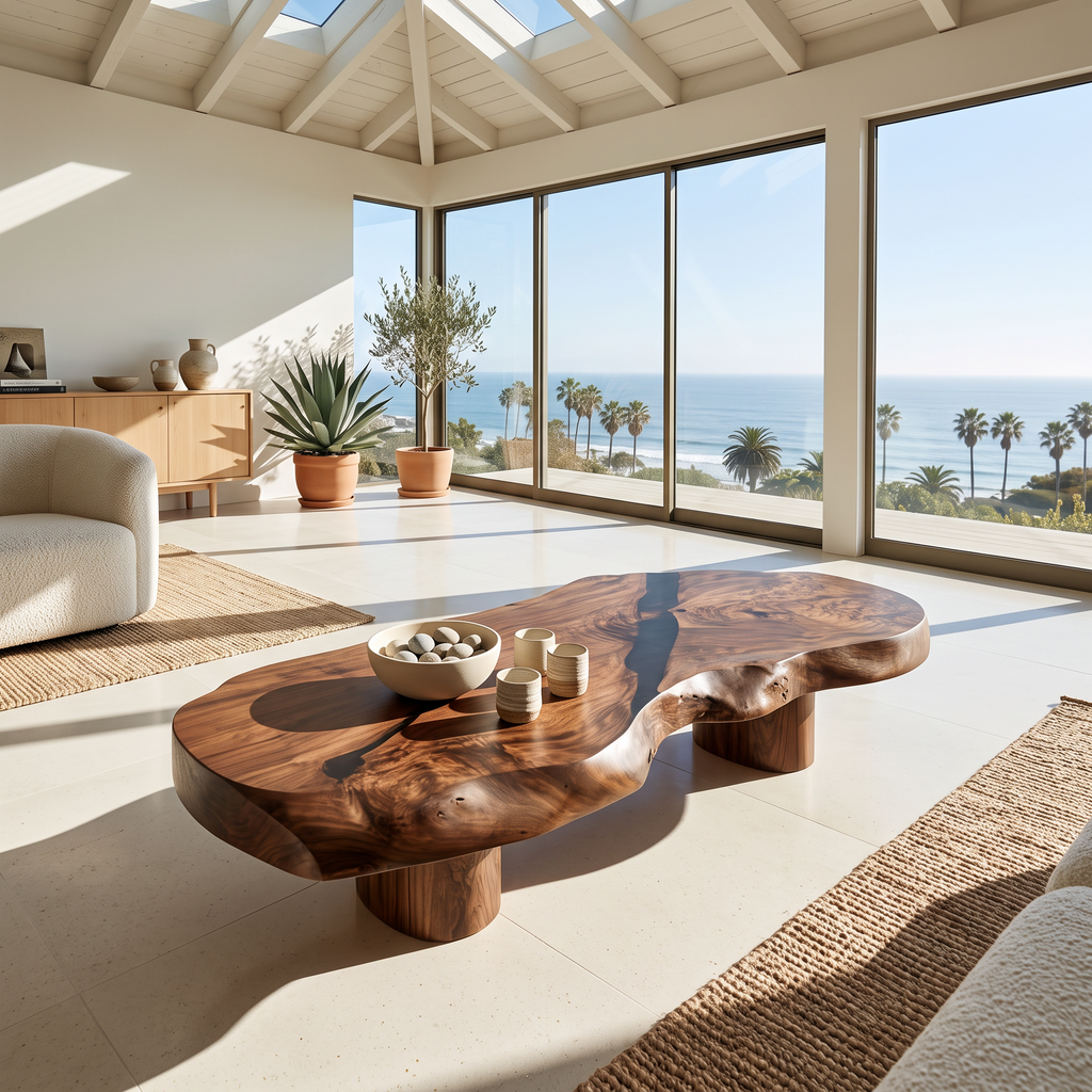 Modern Solid Wood Coffee Table With Sculptural Slab Top For Living Room SINLHACF421