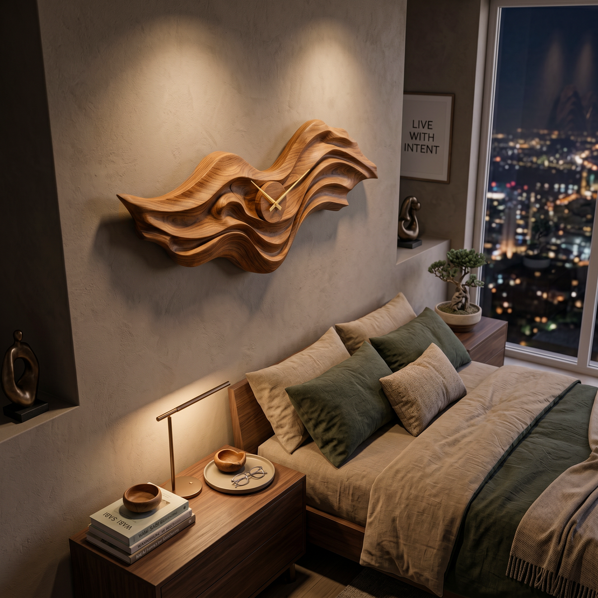 Organic Wood Wall Clock With Wave Sculpture For Living Interior RTTHTTWAC018