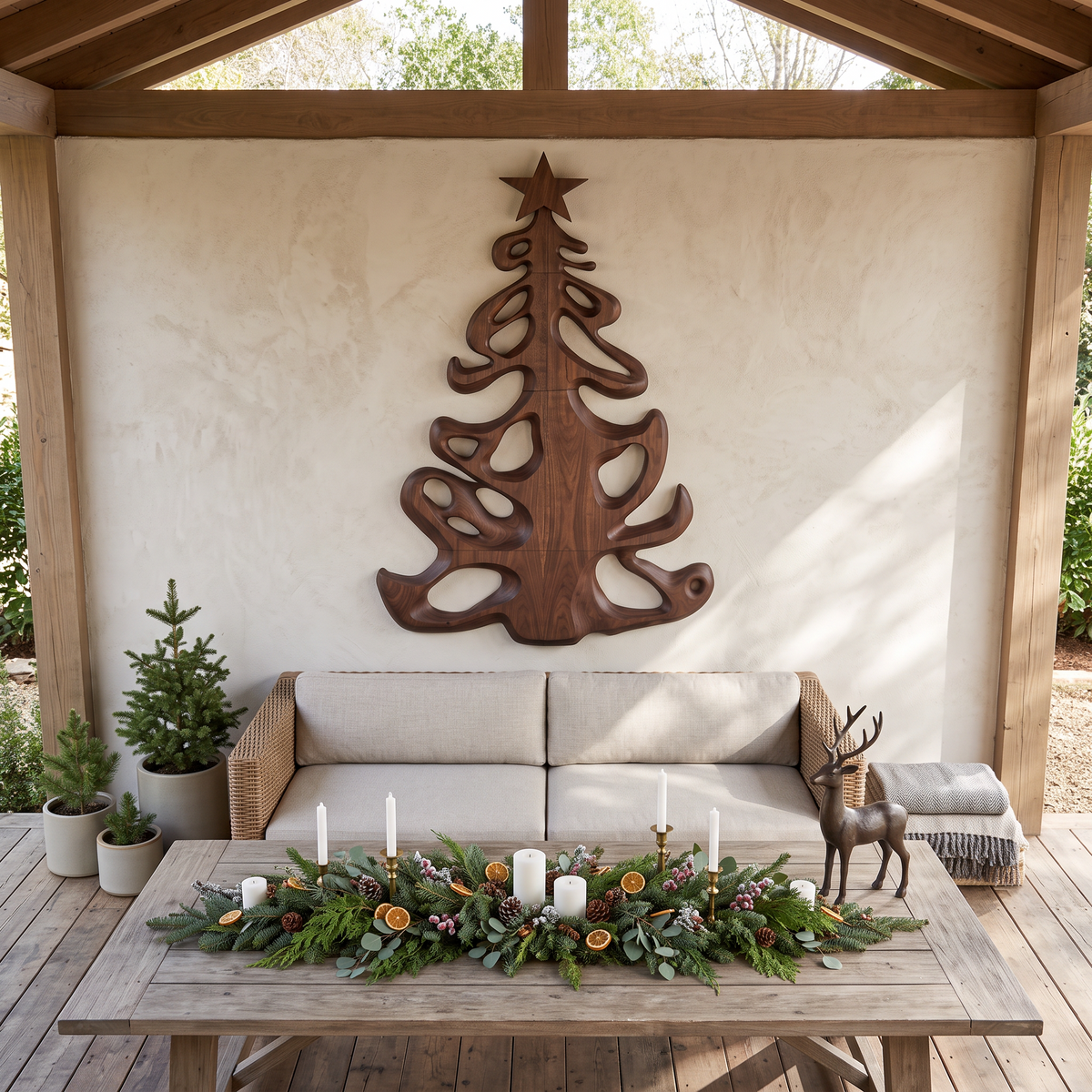 Organic Xmas Wooden Holiday Decor With Fluid Tree Silhouette For Entryway SINLSAWA152