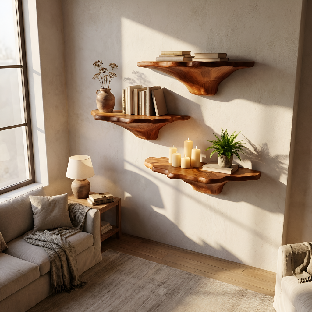 Farmhouse Wooden Mushroom Shelf For Natural Bedroom Decor Style SILDTTNMR017