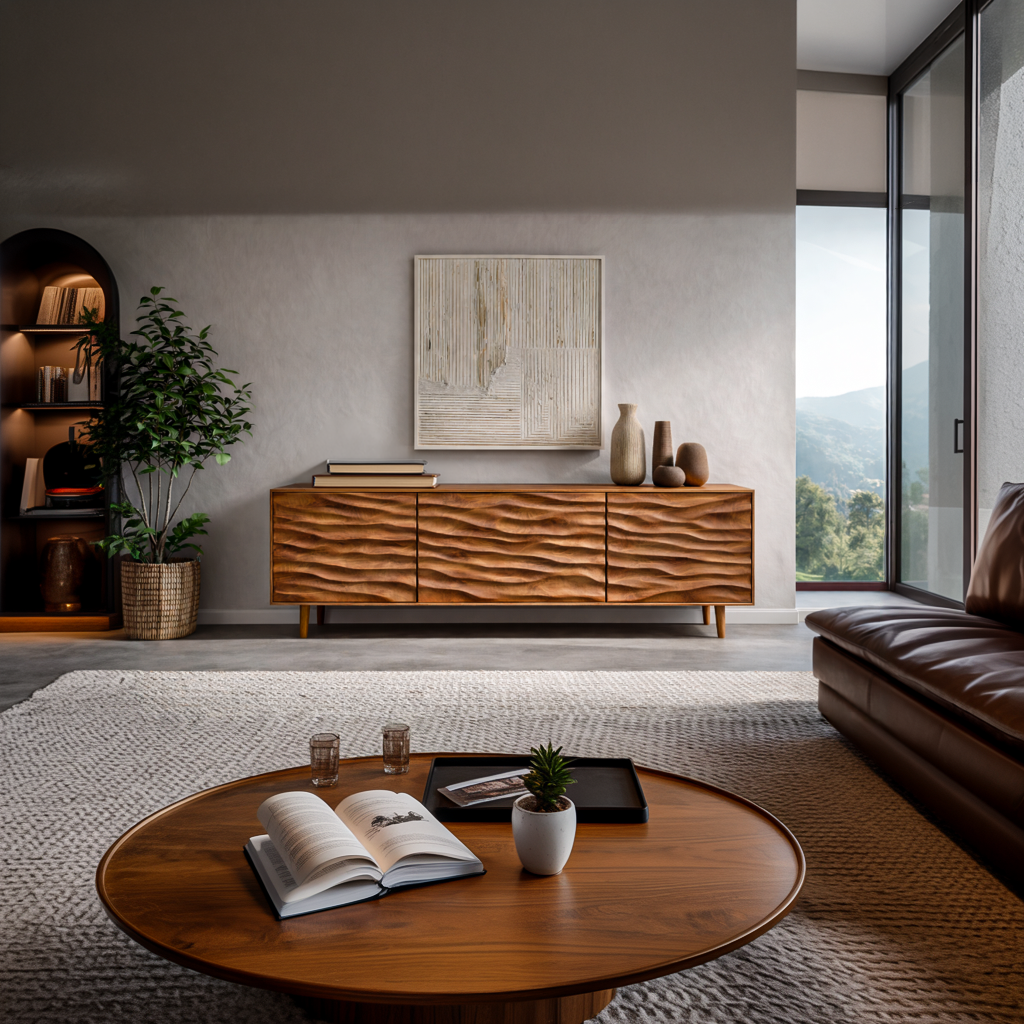 Modern Wooden Sideboard With Carved Wave Doors For Contemporary Living RTTHTTSD043