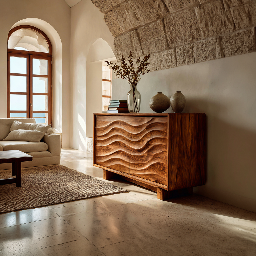 Wooden Sideboard 3D Wave Carving For Kitchen RTTHTTSD058
