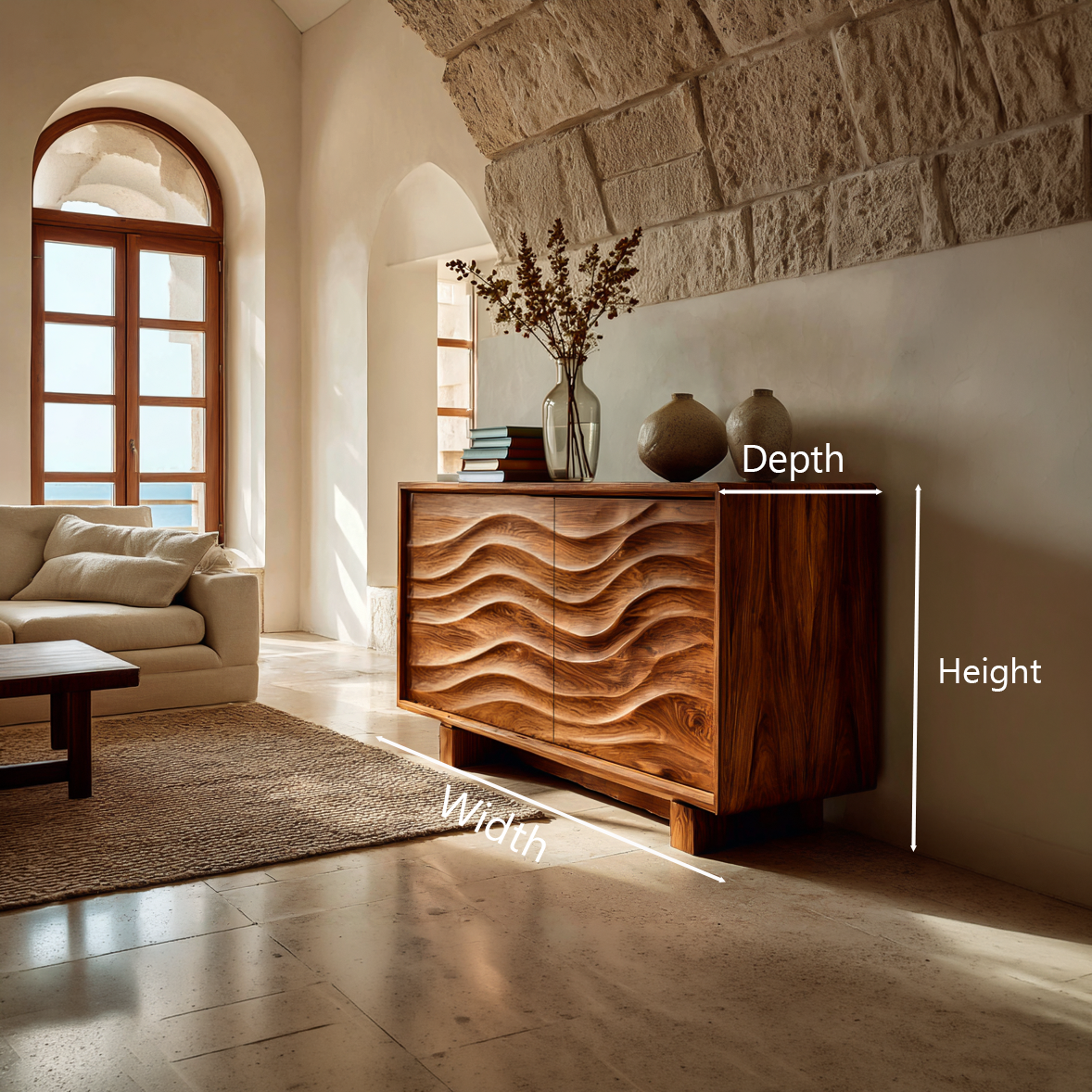 Wooden Sideboard 3D Wave Carving For Kitchen RTTHTTSD058