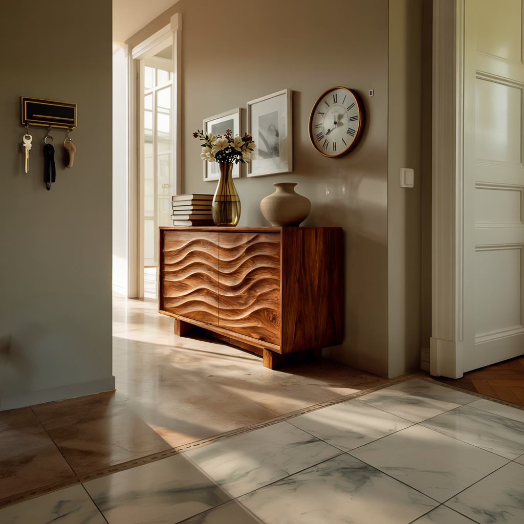 Wooden Sideboard 3D Wave Carving For Kitchen RTTHTTSD058