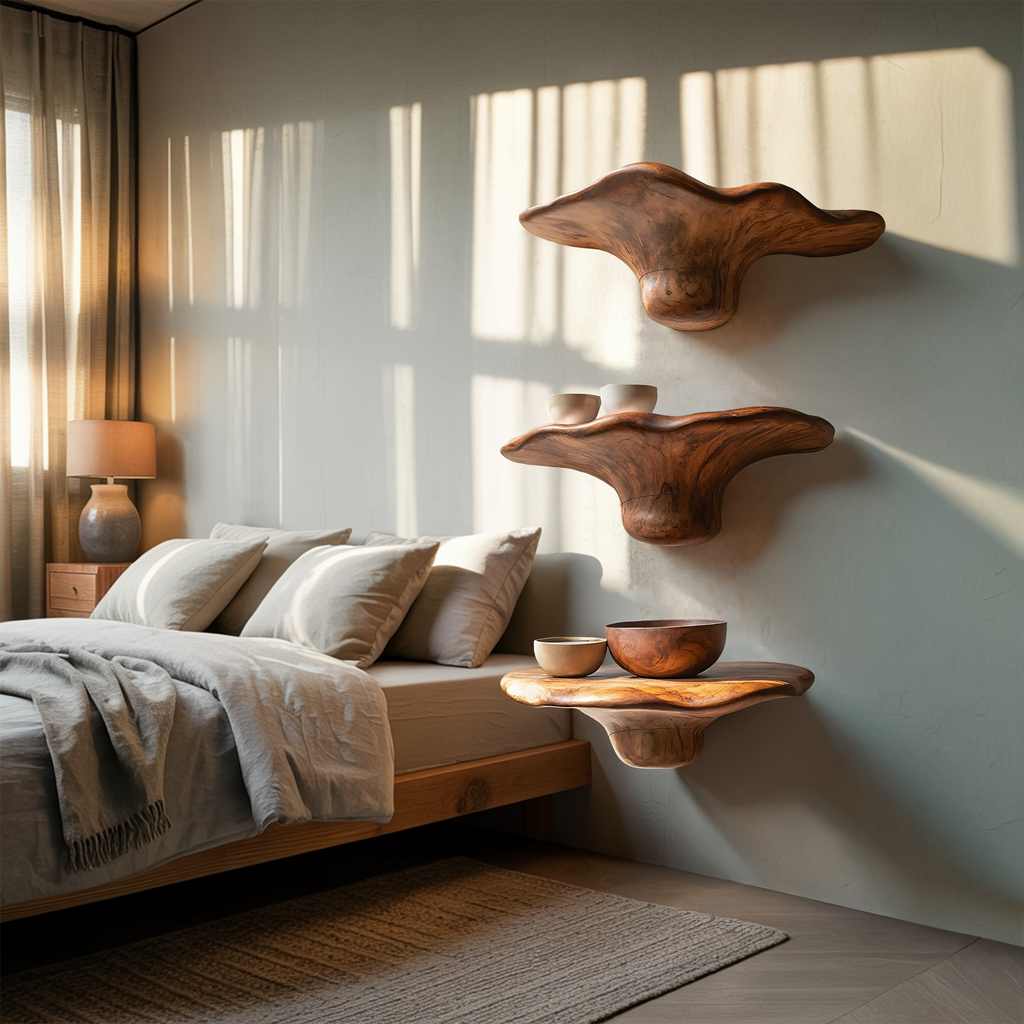 Handcrafted Solid Wood Mushroom Shelf For Bedroom Wall Decor SILDTTRMR011