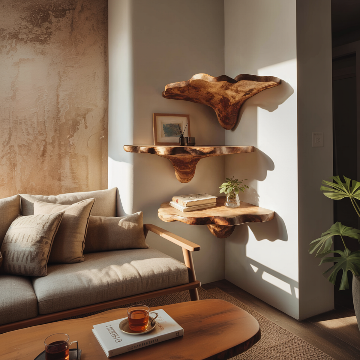 Handcrafted Wooden Live Edge Mushroom Shelf For Entryway Design SILDTTNCMS003