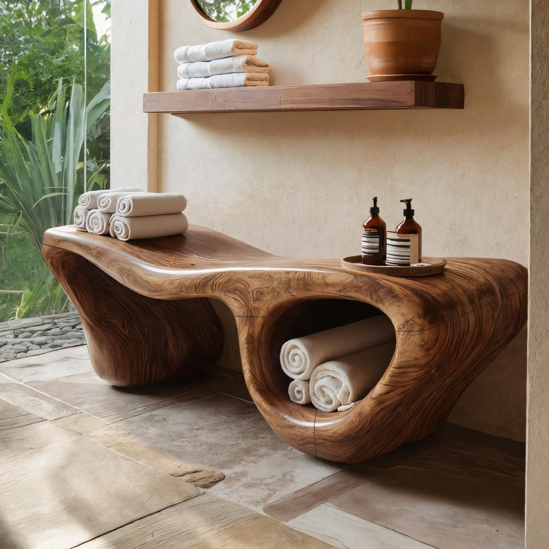 Organic Wave Carved Shower Bench Double Storage For Bathroom RTTHTTSB019