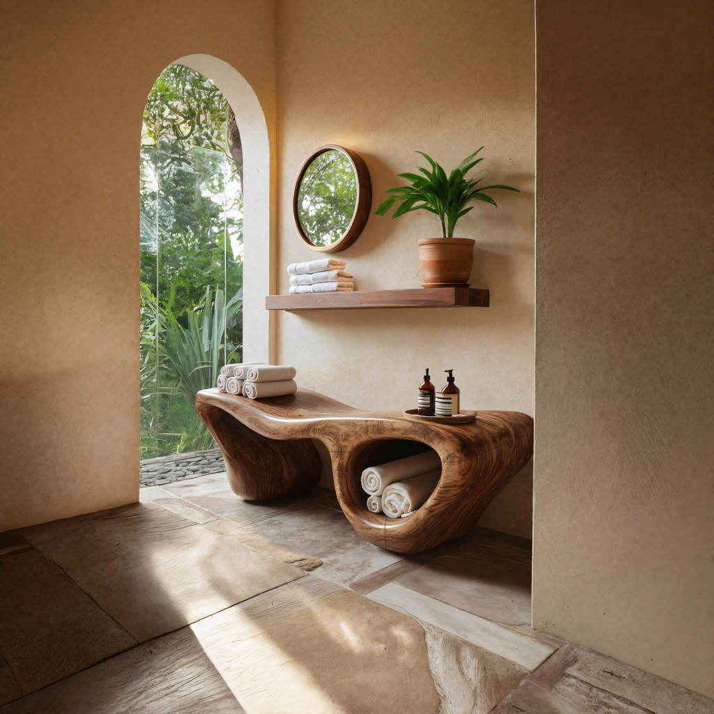 Organic Wave Carved Shower Bench Double Storage For Bathroom RTTHTTSB019