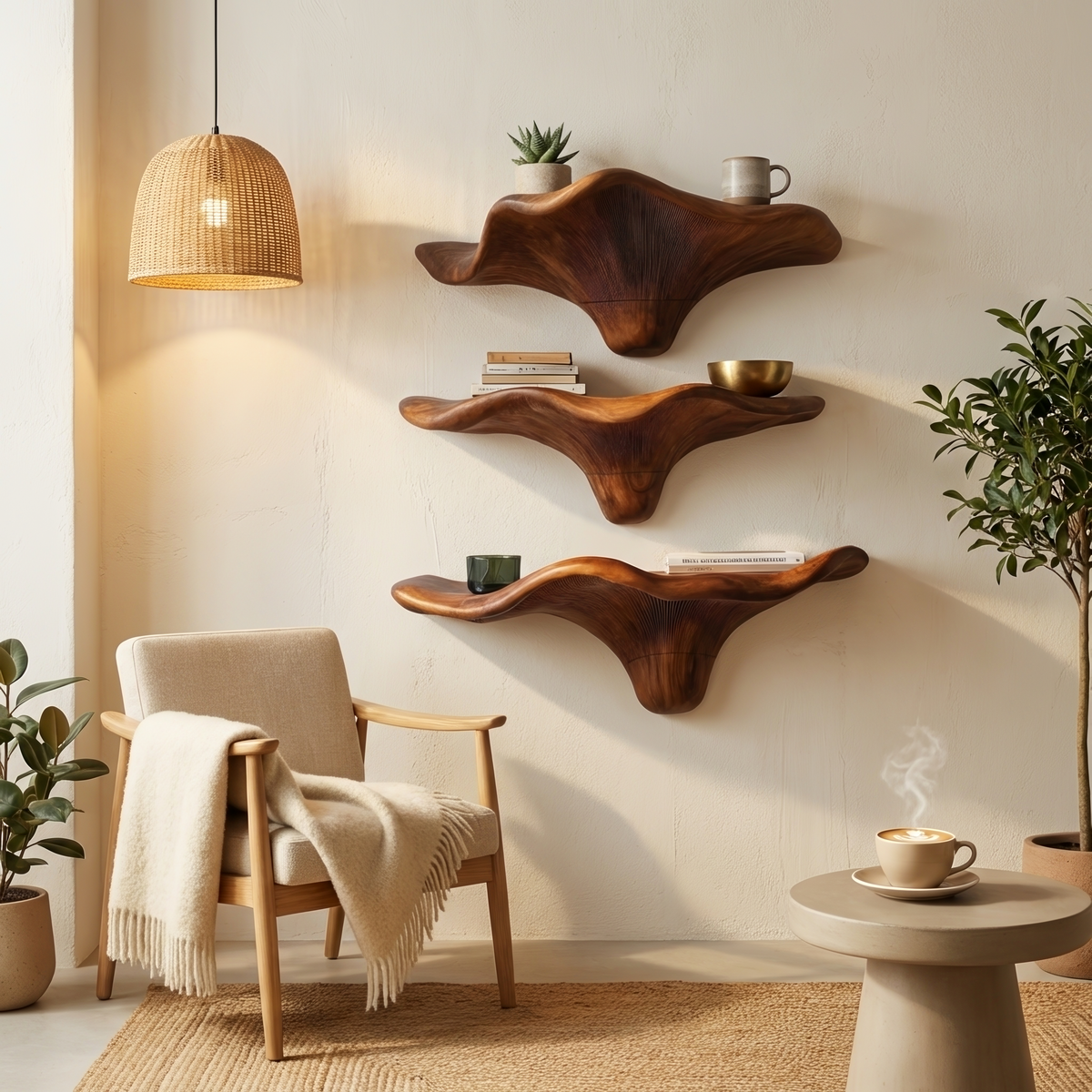 Mid Century Wooden Live Edge Mushroom Shelf For Living Room Decor SILDTTRMR005