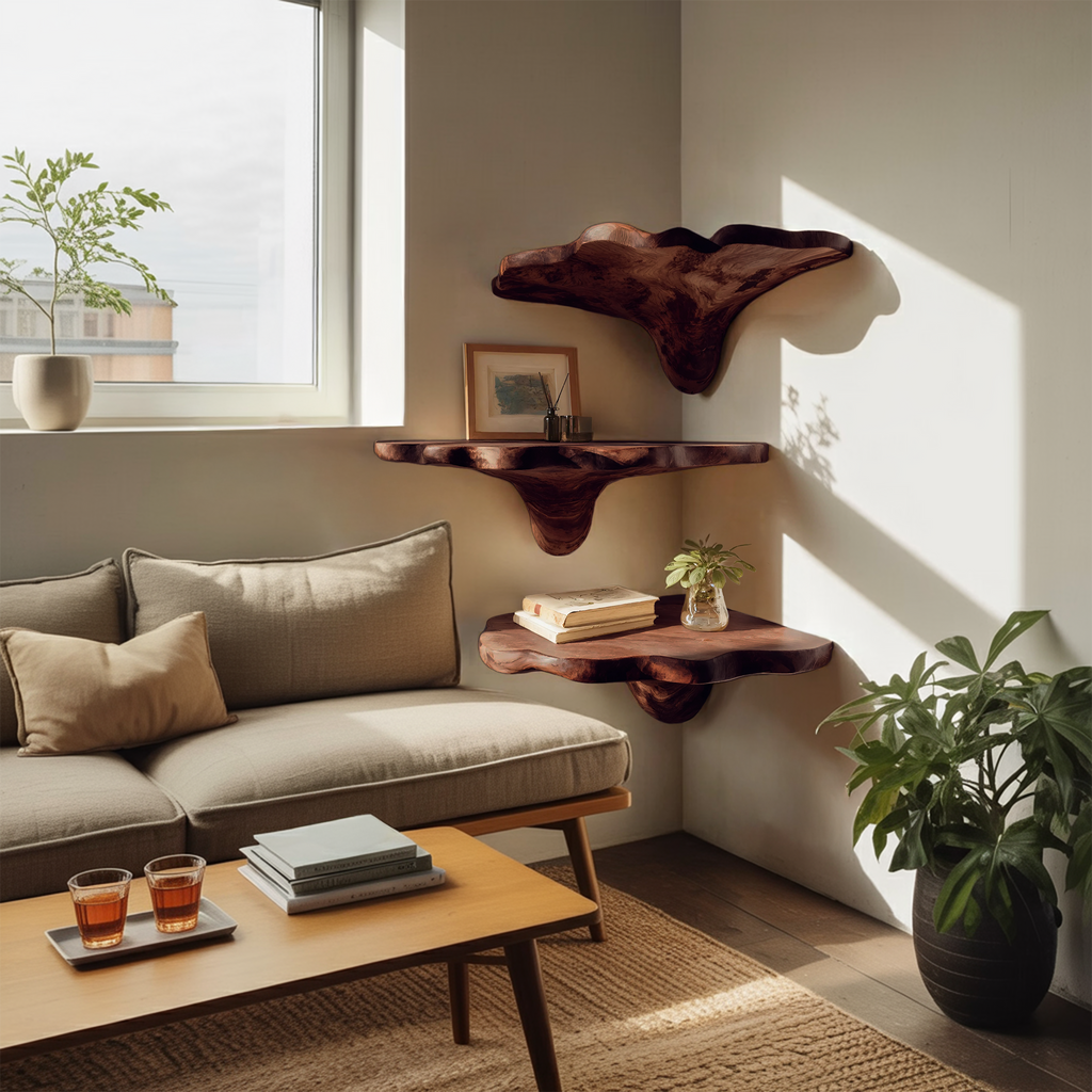 Handcrafted Wooden Live Edge Mushroom Shelf For Entryway Design SILDTTNCMS003