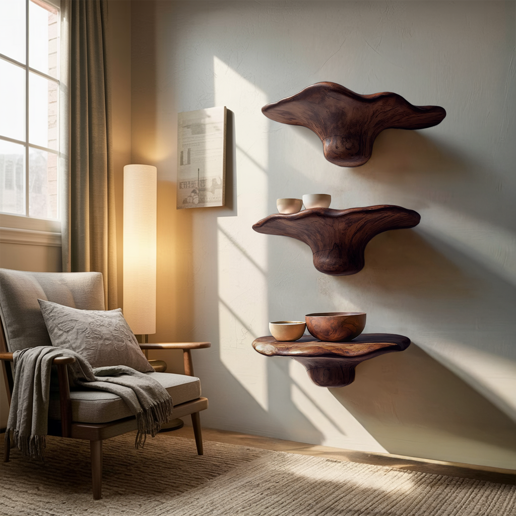 Handcrafted Solid Wood Mushroom Shelf For Bedroom Wall Decor SILDTTRMR011