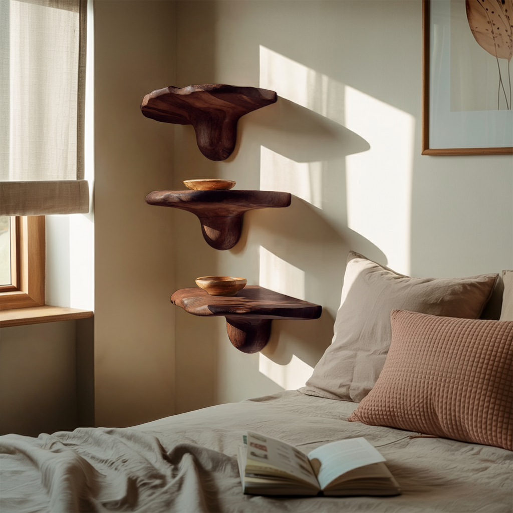 Handcrafted Solid Wood Mushroom Shelf For Bedroom Furniture Decor SILDTTNMR008
